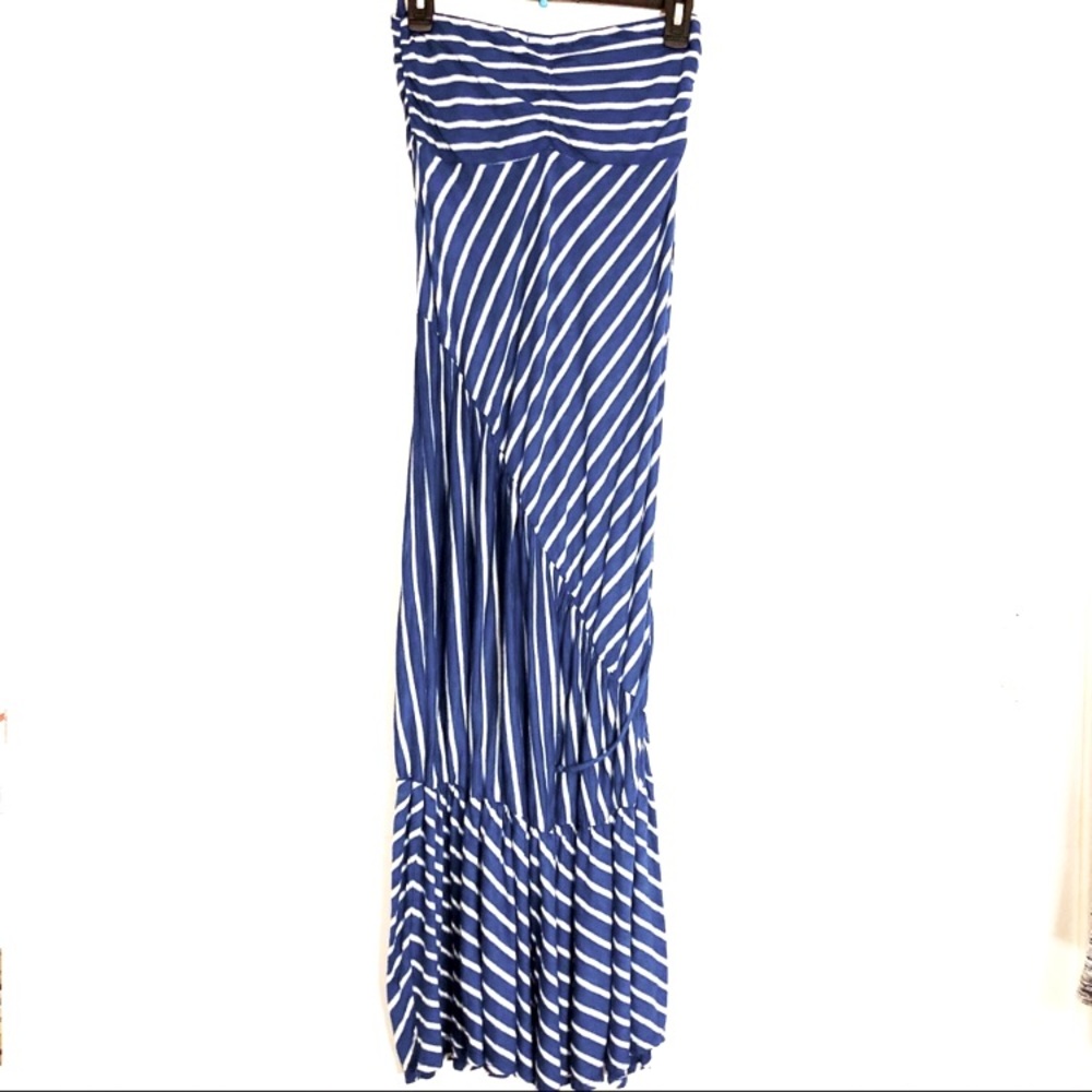 Michael stars strapless blue and white striped maxi dress